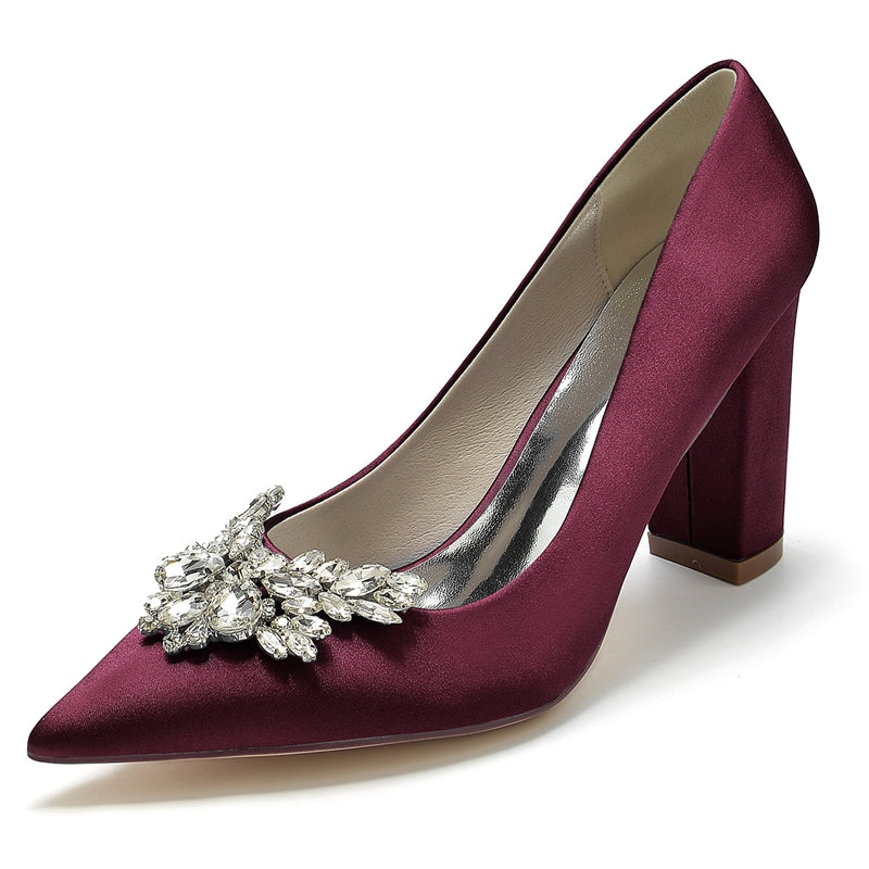Elegant Bridal Shoes for Women with Pointed Toe and Chunky Rhinestone Heel