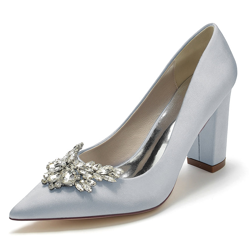Elegant Bridal Shoes for Women with Pointed Toe and Chunky Rhinestone Heel