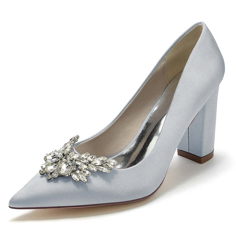 Elegant Bridal Shoes for Women with Pointed Toe and Chunky Rhinestone Heel