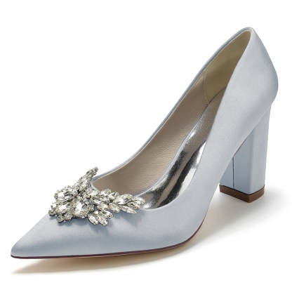 Elegant Bridal Shoes for Women with Pointed Toe and Chunky Rhinestone Heel