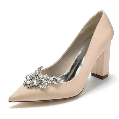 Elegant Bridal Shoes for Women with Pointed Toe and Chunky Rhinestone Heel