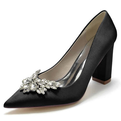Elegant Bridal Shoes for Women with Pointed Toe and Chunky Rhinestone Heel