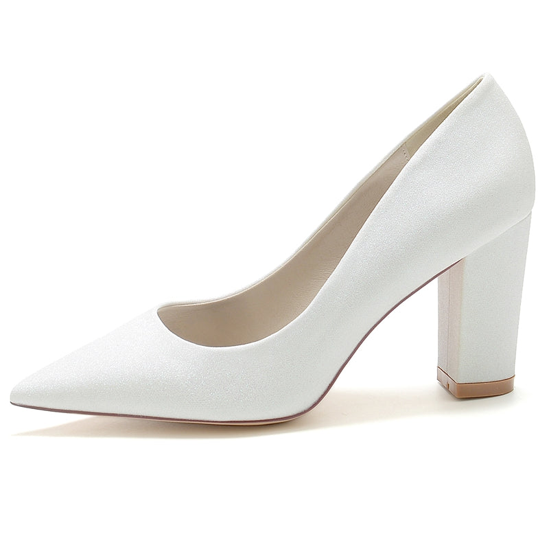 Silver Bridal Shoes for Women with Pointed Toe and Block Heel
