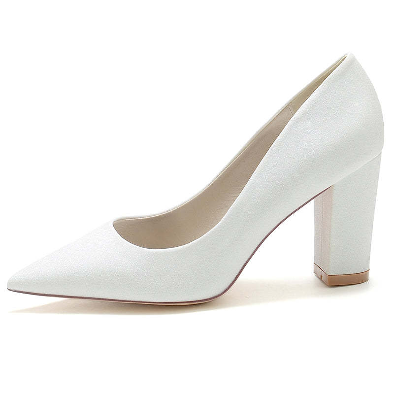 Silver Bridal Shoes for Women with Pointed Toe and Block Heel