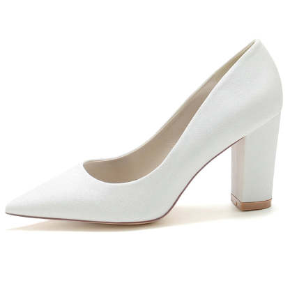 Silver Bridal Shoes for Women with Pointed Toe and Block Heel