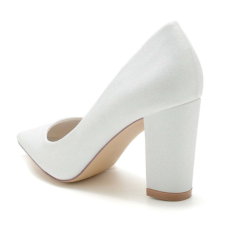 Silver Bridal Shoes for Women with Pointed Toe and Block Heel