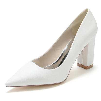 Silver Bridal Shoes for Women with Pointed Toe and Block Heel