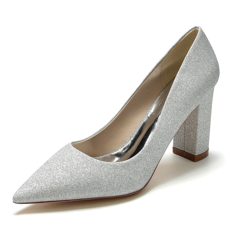 Silver Bridal Shoes for Women with Pointed Toe and Block Heel