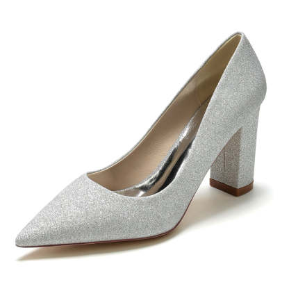 Silver Bridal Shoes for Women with Pointed Toe and Block Heel