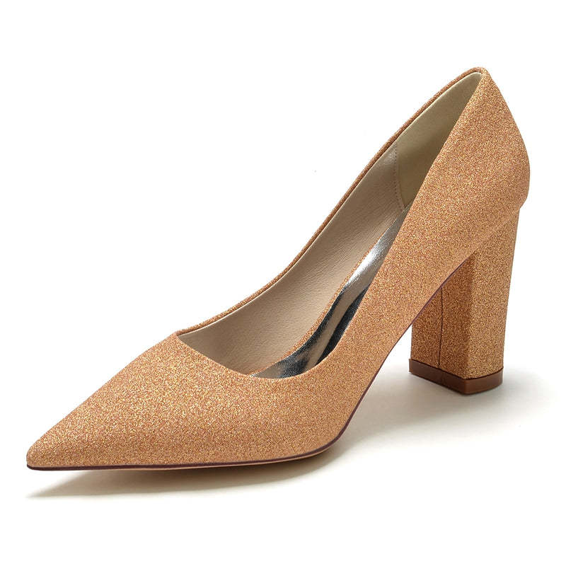 Silver Bridal Shoes for Women with Pointed Toe and Block Heel