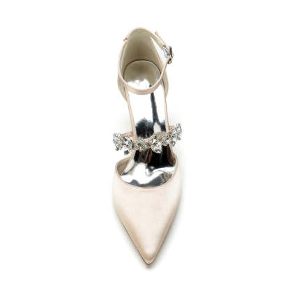 Bridal Shoes for Women with Chunky Heel and Rhinestone Buckle in Silk Satin