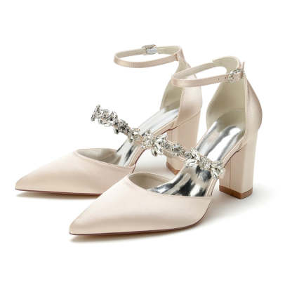Bridal Shoes for Women with Chunky Heel and Rhinestone Buckle in Silk Satin