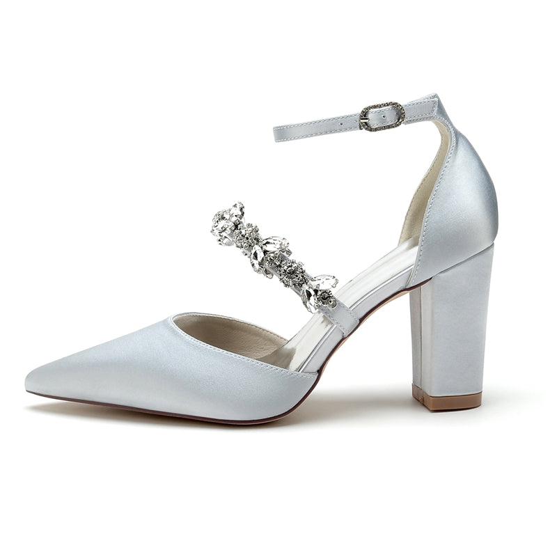 Bridal Shoes for Women with Chunky Heel and Rhinestone Buckle in Silk Satin