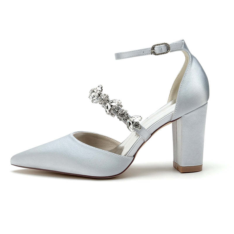 Bridal Shoes for Women with Chunky Heel and Rhinestone Buckle in Silk Satin