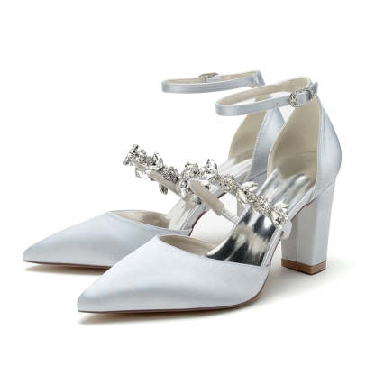 Bridal Shoes for Women with Chunky Heel and Rhinestone Buckle in Silk Satin