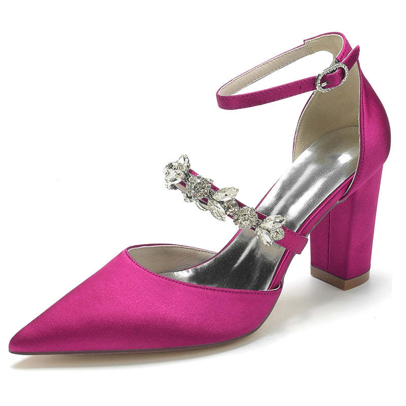 Bridal Shoes for Women with Chunky Heel and Rhinestone Buckle in Silk Satin