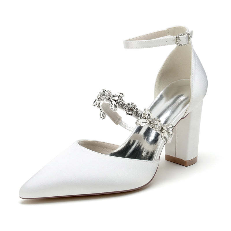 Bridal Shoes for Women with Chunky Heel and Rhinestone Buckle in Silk Satin