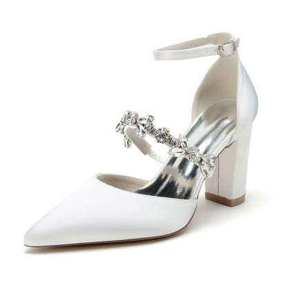 Bridal Shoes for Women with Chunky Heel and Rhinestone Buckle in Silk Satin