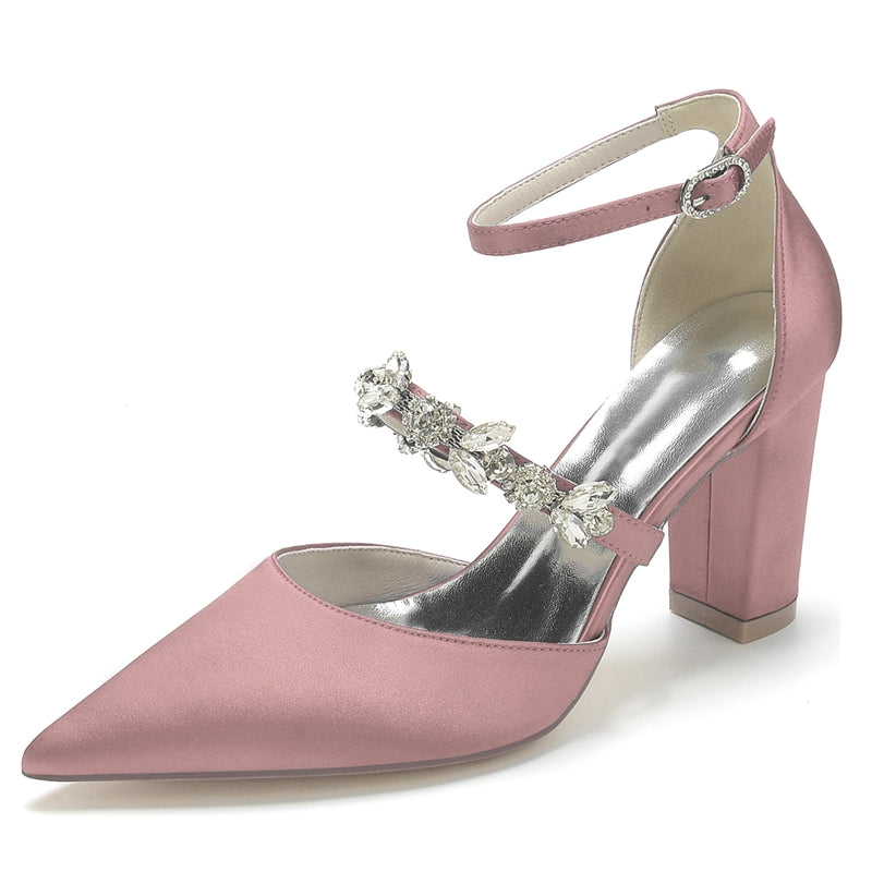Bridal Shoes for Women with Chunky Heel and Rhinestone Buckle in Silk Satin