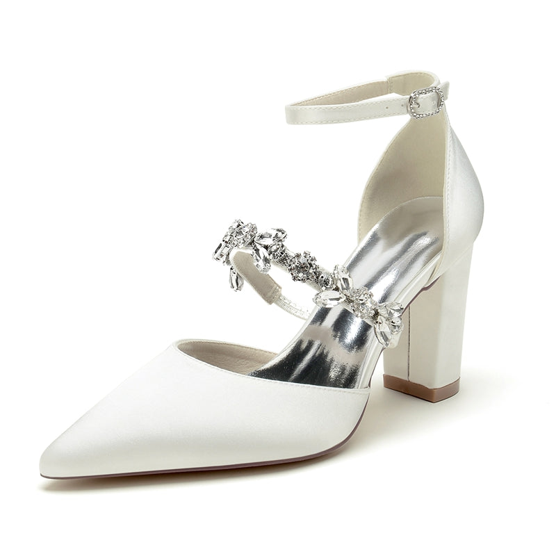 Bridal Shoes for Women with Chunky Heel and Rhinestone Buckle in Silk Satin