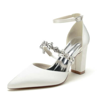 Bridal Shoes for Women with Chunky Heel and Rhinestone Buckle in Silk Satin