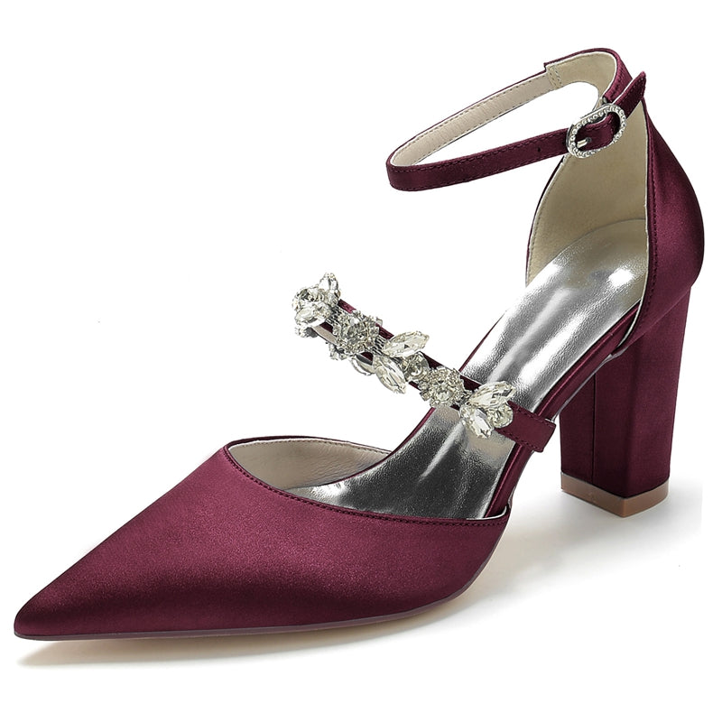 Bridal Shoes for Women with Chunky Heel and Rhinestone Buckle in Silk Satin