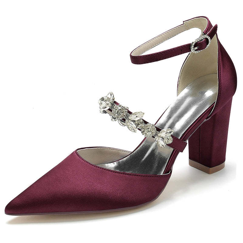 Bridal Shoes for Women with Chunky Heel and Rhinestone Buckle in Silk Satin