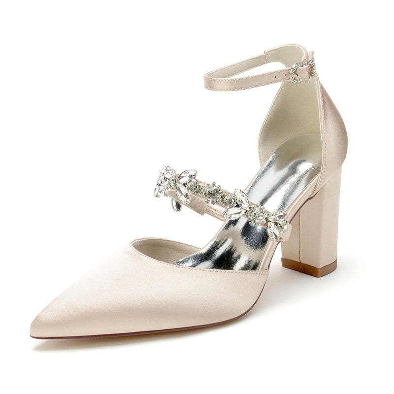 Bridal Shoes for Women with Chunky Heel and Rhinestone Buckle in Silk Satin