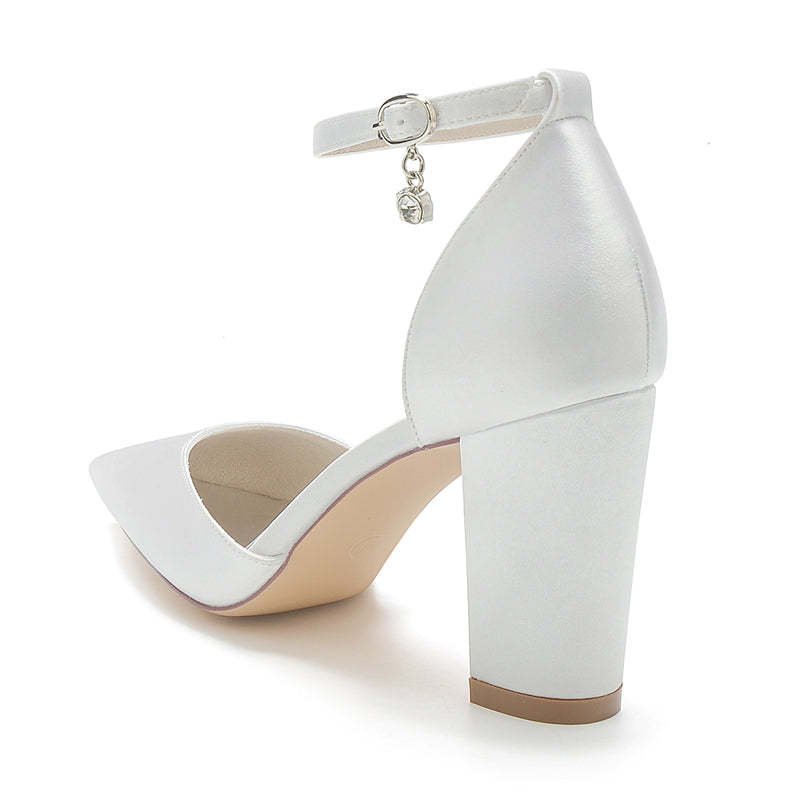 Bridal Shoes for Women with Crystal Pendant Pointed Toe and Simple Buckle Block Heel