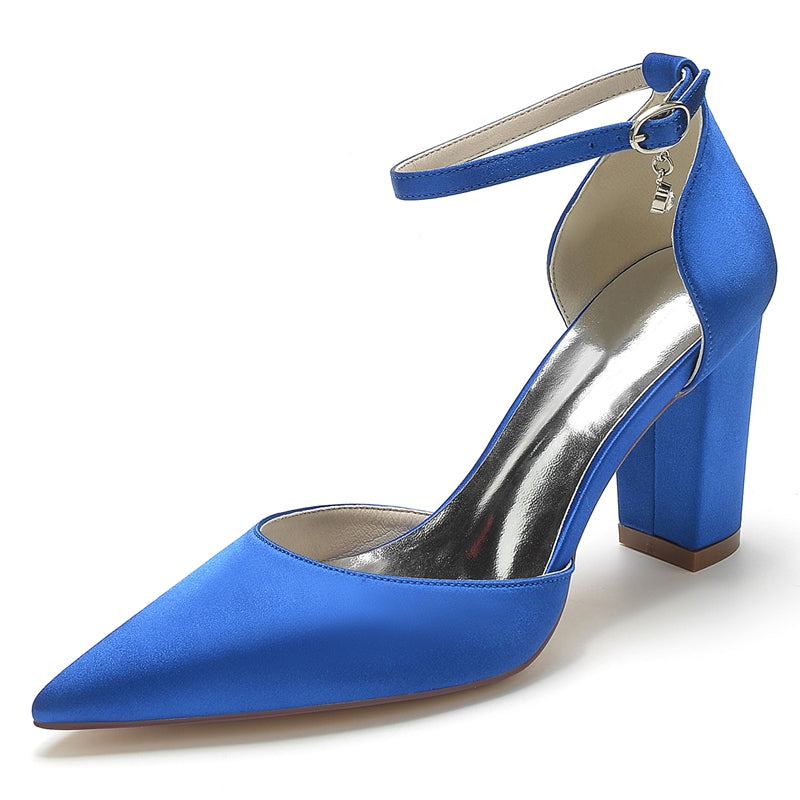 Bridal Shoes for Women with Crystal Pendant Pointed Toe and Simple Buckle Block Heel