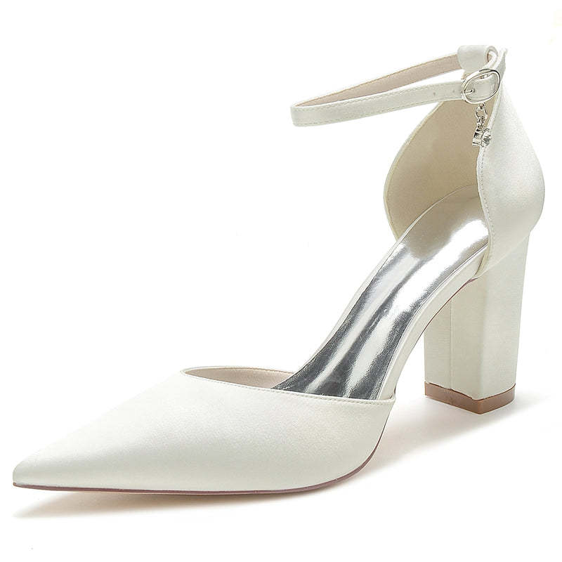 Bridal Shoes for Women with Crystal Pendant Pointed Toe and Simple Buckle Block Heel
