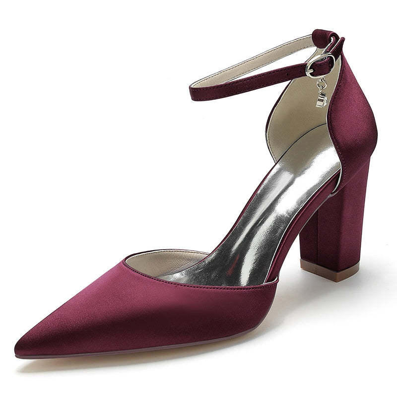 Bridal Shoes for Women with Crystal Pendant Pointed Toe and Simple Buckle Block Heel