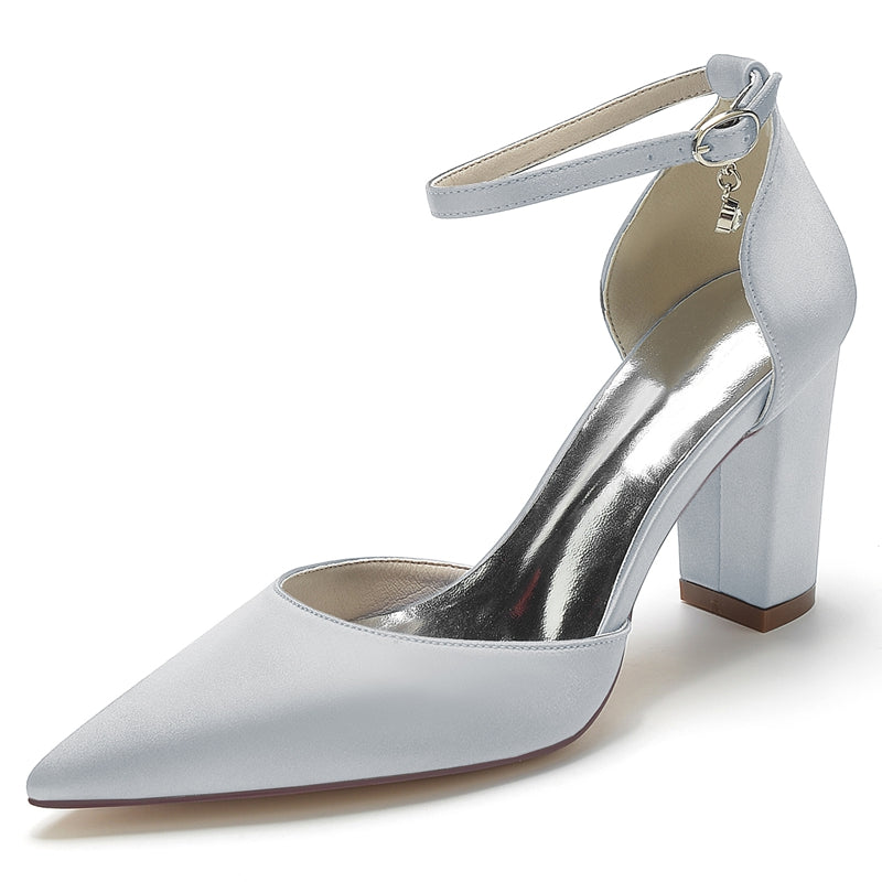 Bridal Shoes for Women with Crystal Pendant Pointed Toe and Simple Buckle Block Heel