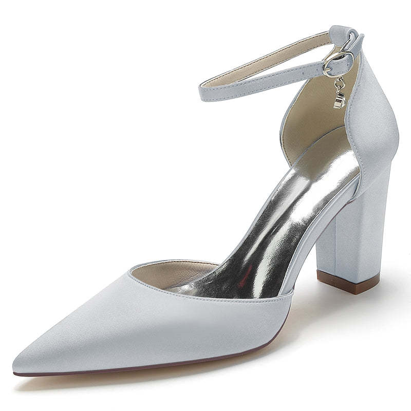 Bridal Shoes for Women with Crystal Pendant Pointed Toe and Simple Buckle Block Heel