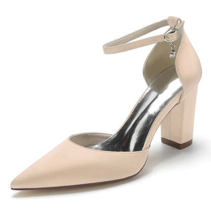 Bridal Shoes for Women with Crystal Pendant Pointed Toe and Simple Buckle Block Heel