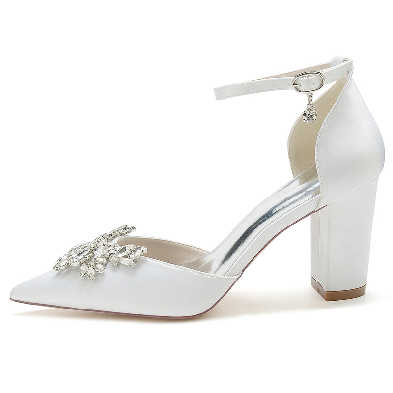Bridal Shoes for Women with Chunky Heel Closed Toe and Rhinestone Buckle
