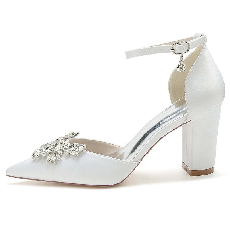 Bridal Shoes for Women with Chunky Heel Closed Toe and Rhinestone Buckle