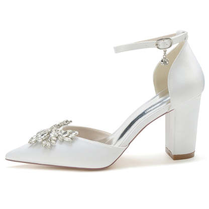 Bridal Shoes for Women with Chunky Heel Closed Toe and Rhinestone Buckle