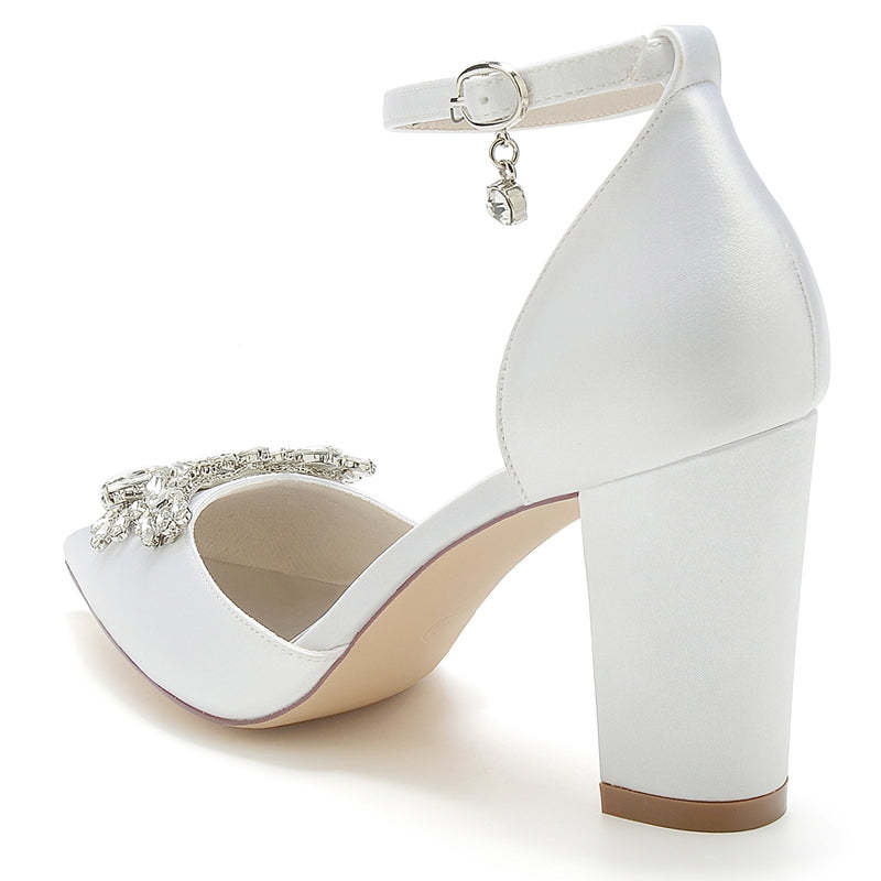Bridal Shoes for Women with Chunky Heel Closed Toe and Rhinestone Buckle