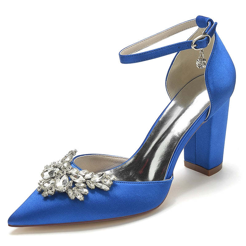 Bridal Shoes for Women with Chunky Heel Closed Toe and Rhinestone Buckle
