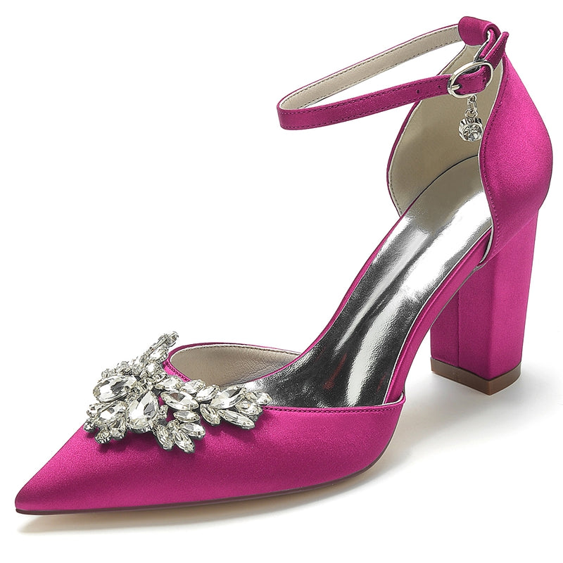 Bridal Shoes for Women with Chunky Heel Closed Toe and Rhinestone Buckle