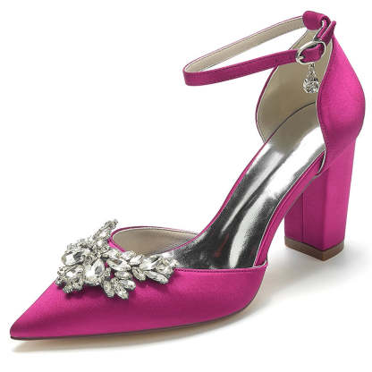 Bridal Shoes for Women with Chunky Heel Closed Toe and Rhinestone Buckle