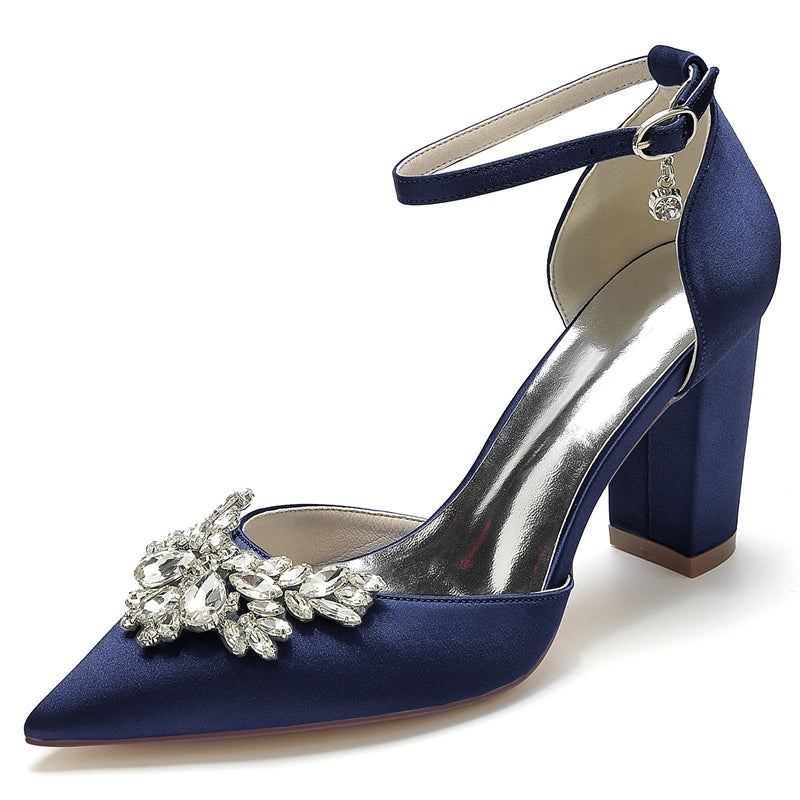 Bridal Shoes for Women with Chunky Heel Closed Toe and Rhinestone Buckle