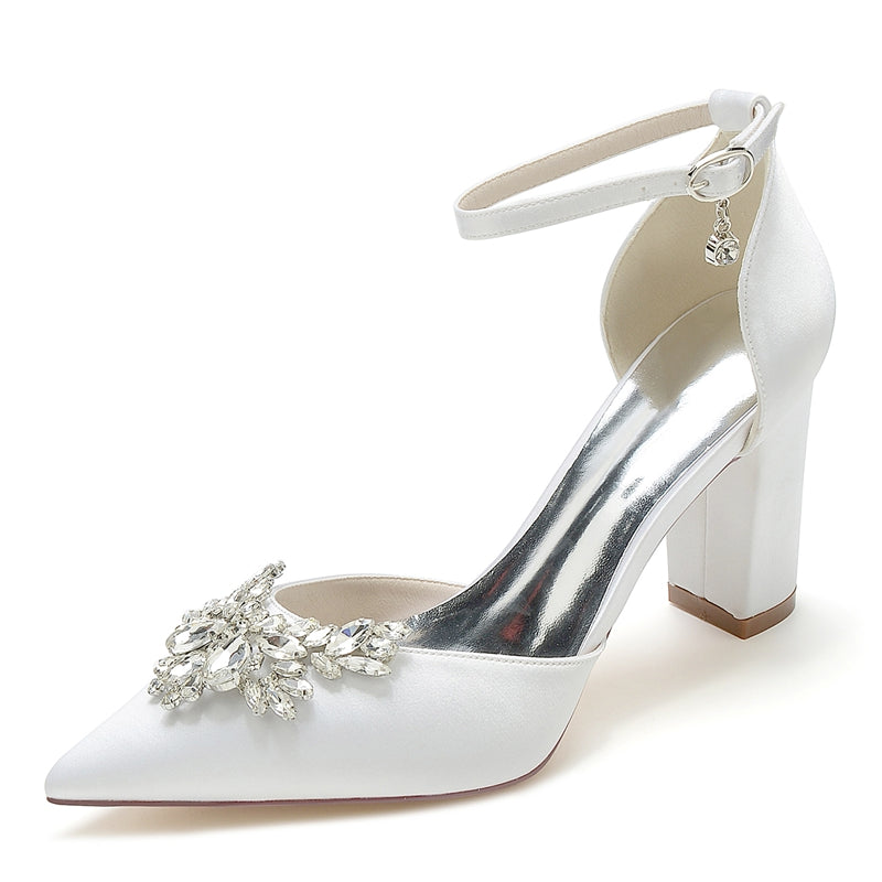 Bridal Shoes for Women with Chunky Heel Closed Toe and Rhinestone Buckle