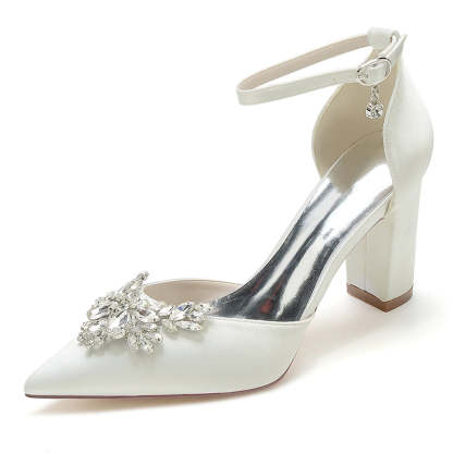 Bridal Shoes for Women with Chunky Heel Closed Toe and Rhinestone Buckle