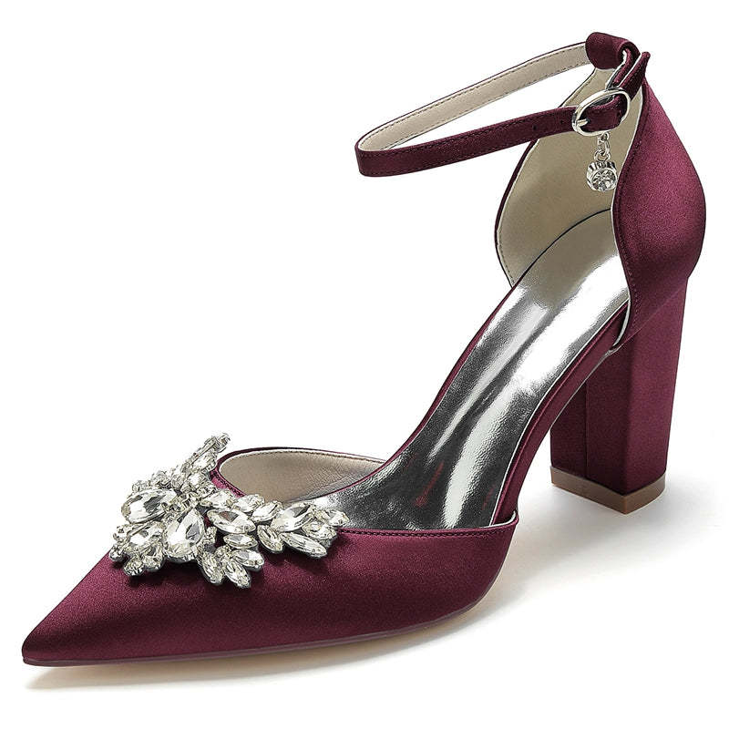 Bridal Shoes for Women with Chunky Heel Closed Toe and Rhinestone Buckle