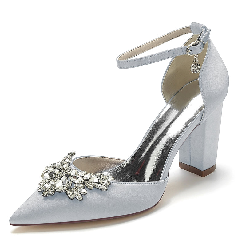 Bridal Shoes for Women with Chunky Heel Closed Toe and Rhinestone Buckle