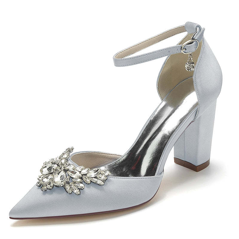 Bridal Shoes for Women with Chunky Heel Closed Toe and Rhinestone Buckle