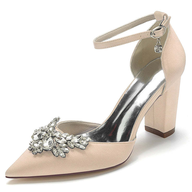 Bridal Shoes for Women with Chunky Heel Closed Toe and Rhinestone Buckle