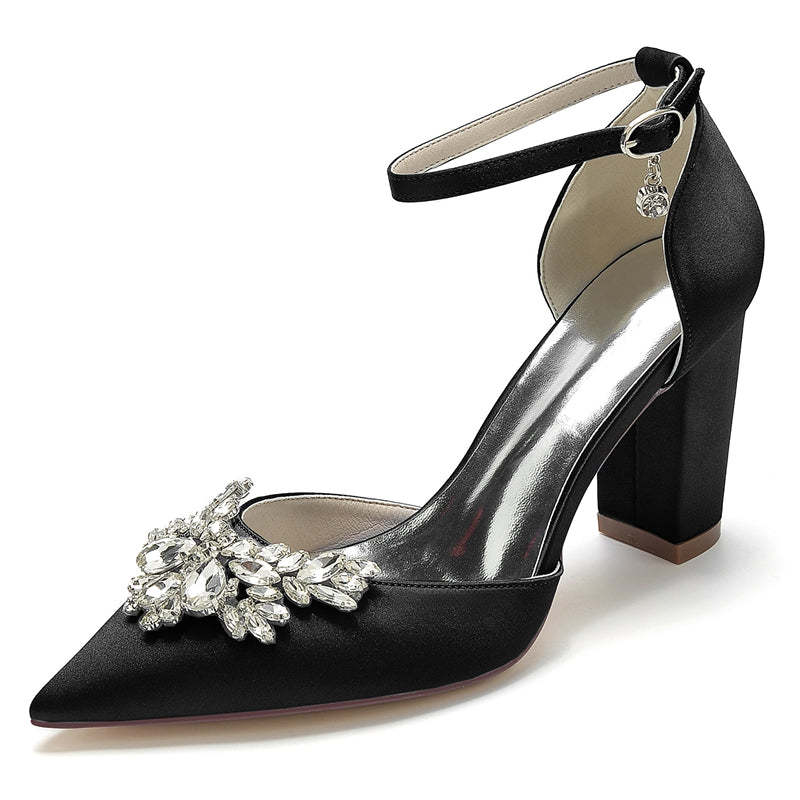 Bridal Shoes for Women with Chunky Heel Closed Toe and Rhinestone Buckle